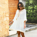 2025popular summer new  seaside vacation women's V-neck bikini cotton blouse sexy small fringed beach skirt