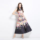 2025 niche fashion retro suit collar sleeveless waist printed dress women's thin big swing elegant long skirt