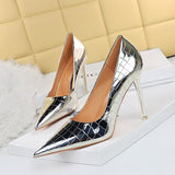 2025 9611-7  style sexy and thin shallow mouth pointed head super high heel metal stone pattern retro women's single shoes high heels