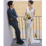 2025 light wedding dress Mori series simple travel photo v-neck fashion sense white thin small trailing tail welcome door dress
