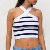 HULIANFU New  2025 summer new striped cross-neck sexy knitted bottom tube top outer vest women's clothing