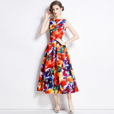 printed vest dress women's 2025 summer dress new waist and thin temperament elegant big swing dress dress