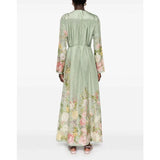 Elegant temperament, fresh waist, loose V-neck, positioning flower printing, long-sleeved pendulum dress