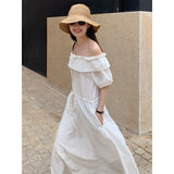 2025 THE MIND100 Tencel one-word shoulder dress 2025 summer Korean version simple waist and thin dress 012AX