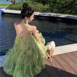 2025 temperament neck halter dress super fairy seaside vacation atmosphere beach skirt loose floral short skirt