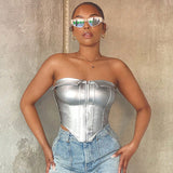 women's clothing popular new lapel tube top PU leather fish bone sexy cardigan zipper top small vest