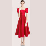 Hepburn style temperament solid color pleated waist slim fit big hem solid color square neck dress dress summer