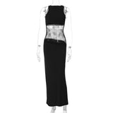 HULIANFU 2025 spring fashion new sexy hollow backless sleeveless splicing lace mid-waist perspective long dress