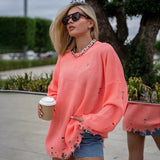 2025popular Popular, ,  New new knitted round neck loose hole medium and long sleeve sweater knitted sweater