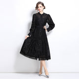 Court style dress women's  new heavy industry embroidery hollow flower breasted slim fit medium and long lantern sleeve dress