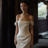 2025 one-word shoulder light wedding dress bridal high sense white simple satin dress temperament light luxury slim fishtail dress
