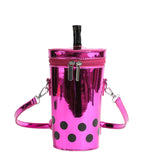 HULIANFU 2025 High-value milk tea cup bag women's summer new metal patent leather polka dot bucket bag ins wind cute messenger bag