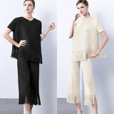 Miyake 2025 style pleated fringed design sense loose irregular top thin wide-leg pants two-piece suit women