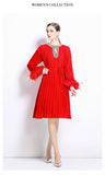 style women's clothing new dress popular autumn high-end sense diamond-encrusted hollow round neck fluffy sleeve pleated long dress