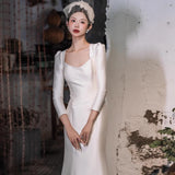 2025 Satin light wedding dress  new bridal long-sleeved simple fishtail  door dress welcome engagement dress spring