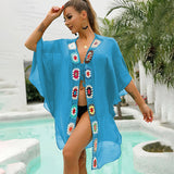 2025New Popularan beautiful women one-piece v-neck crochet splicing beach dress one size medium sleeve sunscreen blouse