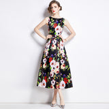 Celebrity high-end printed vest dress women's summer dress new waist and thin temperament elegant big swing dress dress