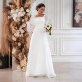 2025 Hot trade new wedding dress simple white elegant A-shaped skirt square neck long sleeve falling to the ground beach bridal dress  spring