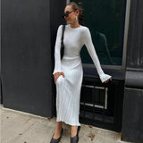 HULIANFU  2025 women's clothing New autumn knitted round neck pit strip shrinking needle horn sleeve lace-up solid color casual long dress women