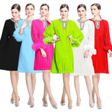 style women's clothing new dress popular autumn high-end sense diamond-encrusted hollow round neck fluffy sleeve pleated long dress
