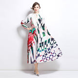 style high-end hollow bead round neck lantern sleeve strap waist temperament long printed pleated dress