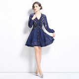 Light luxury court style bubble sleeve dress women's heavy industry hollow crochet design chic temperament medium and long skirt