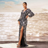 2025 new high-end long-sleeved V-neck banquet sequined hip-wrapped split evening dress bridesmaid dress women
