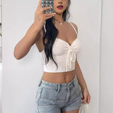 HULIANFU  short crop top Internet celebrity live streaming host 2025 trade drawstring pleated slim sexy knitted vest small suspenders