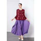 Miyake three-dimensional flower decoration versatile pleated cardigan top plus irregular loose pleated pants fashion suit