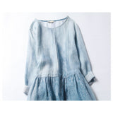 Dress Ramie Printed Crew Neck Seven-quarter Sleeve High Waist Skinny Belt Spring and Summer Medium and Long Literary Linen Dress