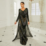 2025 high-end long-sleeved temperament V-neck sexy long sequined banquet evening dress bridesmaid dress women