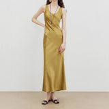 2025 Cool acetic acid satin crepe 45 degree oblique cut pendant thin three-dimensional split U-neck sleeveless paper person dress