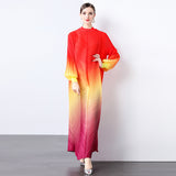 Miyake gradual change color pleated bud sleeves long dress women's pullover long sleeves pleated elegant temperament a word pleated dress