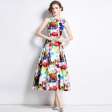 Fashion, light and mature style, celebrity temperament, sleeveless round neck, waist and thin A-shaped three-dimensional tailoring printed big pendulum dress