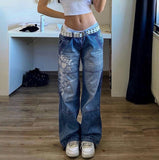 2025 2025 street style women's clothing irregular printing loose trousers low waist folds washed into old multi-colored jeans