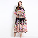 Popular trade export court style retro flower printing stand-up collar long-sleeved ruffle edge long skirt chiffon two-piece set