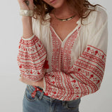 2025 early spring new bohemian embroidered lace-up cotton long-sleeved shirt