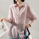 2025 Mulberry Silk Acetate Shirt Macaron 6 Colors, Thin Sunscreen Shirt Pink Purple Top  White Shirt Women's Clothing