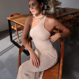 HULIANFU New new summer 2025 trade Europe and America sexy seaside vacation solid color shoulder hip wrap slim long dress women