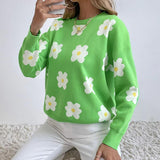 HULIANFU New autumn and winter new  2025 women's clothing contrasting colors, small daisies, fresh and sweet casual pullover knitted sweater