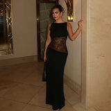 HULIANFU 2025 spring fashion new sexy hollow backless sleeveless splicing lace mid-waist perspective long dress