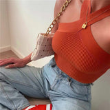 HULIANFU 2025  women's clothing bm sexy cross-neck knitted short outer wear with bottom sling vest top