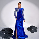 2025 high-end long-sleeved temperament round neck long sequined banquet heavy industry evening dress bridesmaid dress women