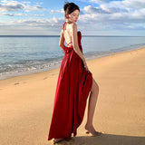 2025 temperament red heavy industry suspender dress women summer thin white seaside vacation beautiful big swing dress