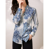 2025 floral printing lapel silk shirt women's long sleeves loose large size mulberry silk top temperament silk shirt