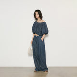 One-word shoulder short-sleeved bubble-sleeved short top, retro casual dark blue floor-mopping trousers B0138 casual suit