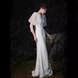 2025 White fishtail dress dinner  new travel photography light wedding dress celebrity host art test performance clothes small trailing