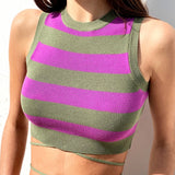 HULIANFU New spring and summer  new knitted vest women's contrasting color striped round neck sleeveless retro knitted sweater short outer wear