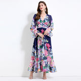 2025 niche vacation style deep V-neck lace splicing dress women's high waist and thin ruffle edge printed long dress