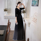 2025 Starry sky gradual change velvet evening dress  new large size fat mm senior banquet host performance uniform command uniform